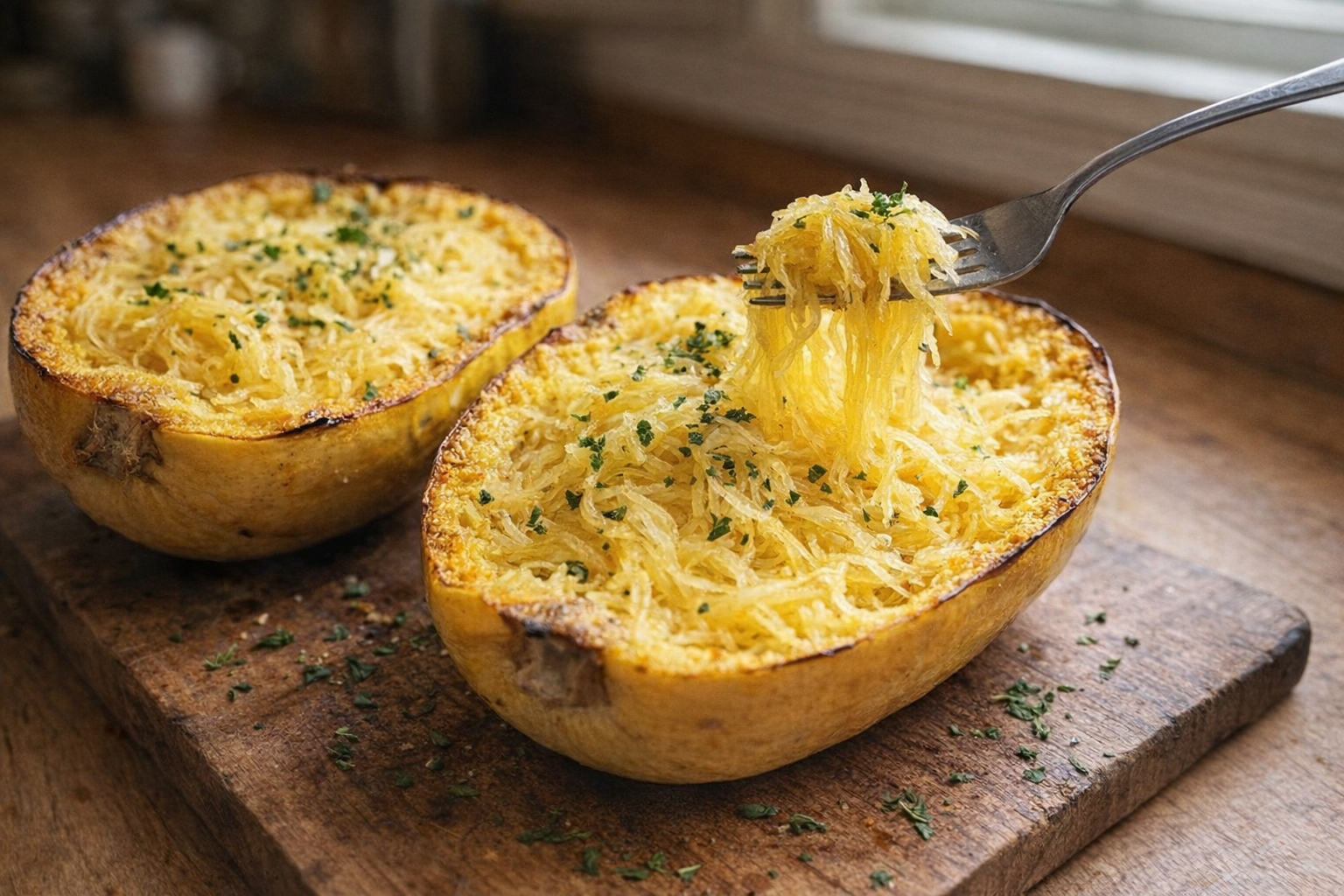 A whole cooked spaghetti squash, halved and strands pulled out with a fork, served on a rustic wooden board with a sprinkle of fresh herbs. Light from a nearby window highlighting the strands.